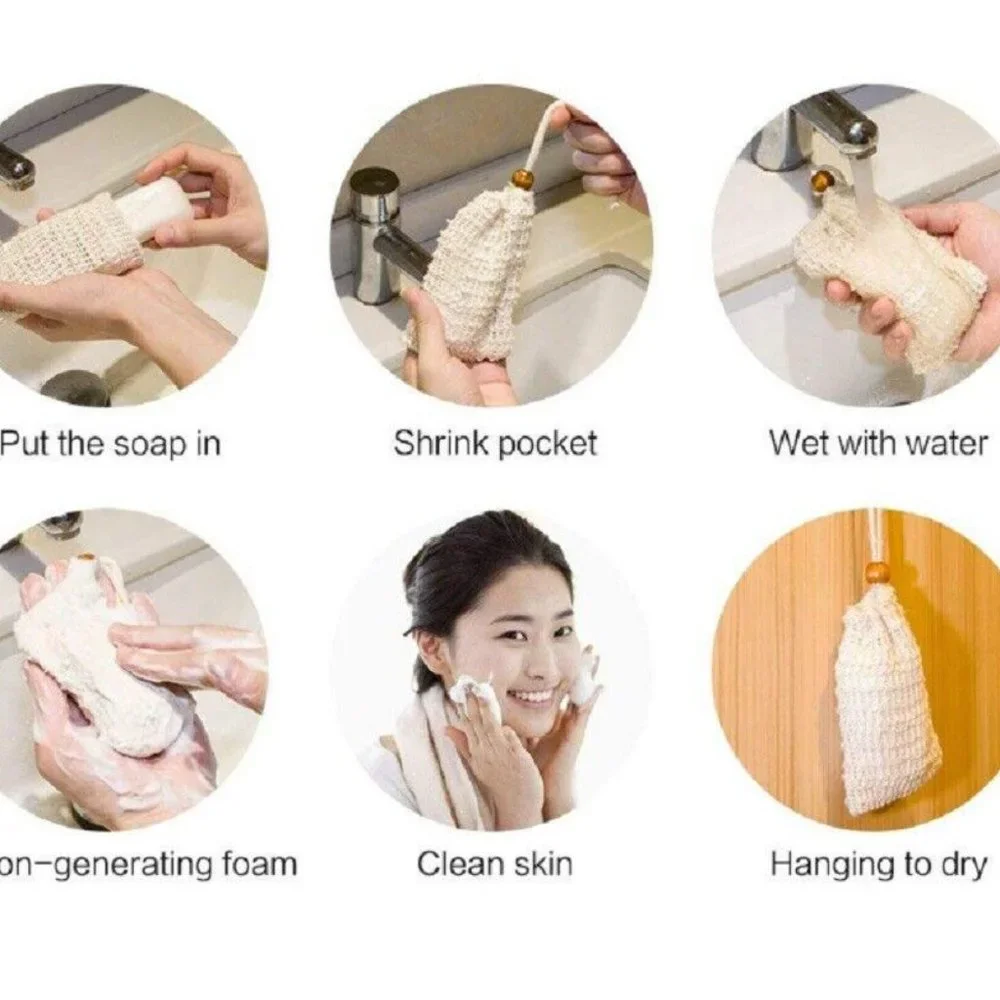 4 Pack Natural Sisal Soap Bag Exfoliating Soap Saver Pouch Holder